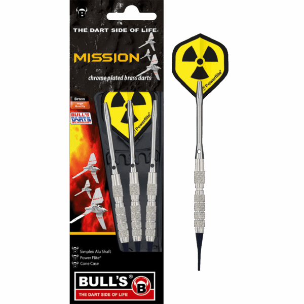 Σετ 3 Βελάκια Darts Mission Soft Tip 16528, 18g με Επιχρωμιωμένο Ορειχάλκινο Σώμα, Αλουμινένιους Άξονες Simplex, Φτερά Powerflite και Θήκη Μεταφοράς – Bull's