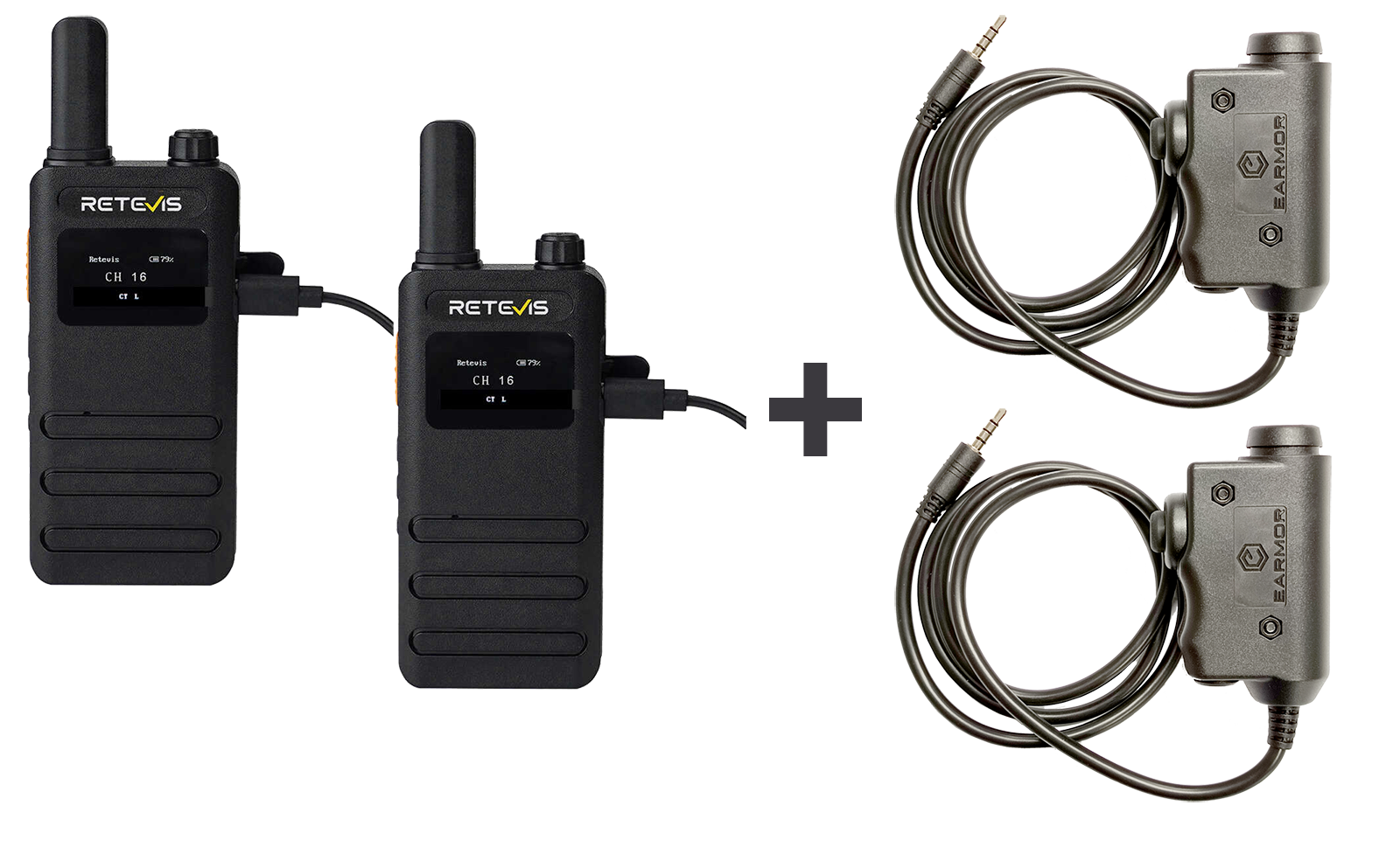 B63S_NB_04M51_EARMOR Σετ 2 Πομποδεκτών B63S PMR446 με 16 Κανάλια, Οθόνη LCD, USB-C και 2 Αντάπτορες M51 PTT Earmor – Retevis - Image 1