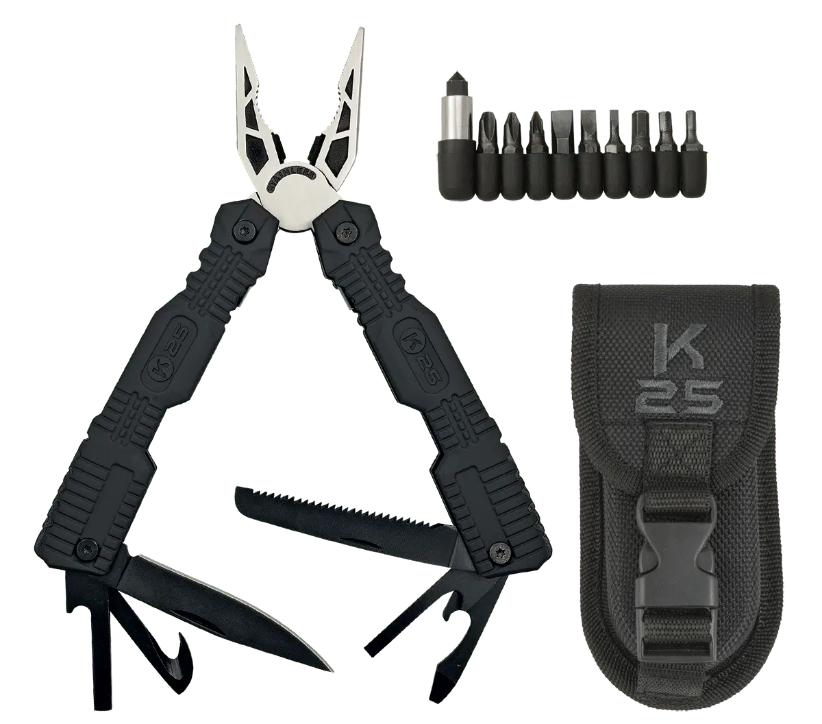 POLYERGALEIO-K25-19toolsBlack-33787 Πολυεργαλείο Πένσα 33787 με 19 Λειτουργίες, Ανοξείδωτο Ατσάλι 7Cr17MoV, Αντιολισθητική Λαβή από Καουτσούκ, Σετ 9 Μυτών Κατσαβιδιού, Θραύστη Κρυστάλλων και Θήκη Μεταφοράς Cordura, Μαύρο – K25. - Image 1