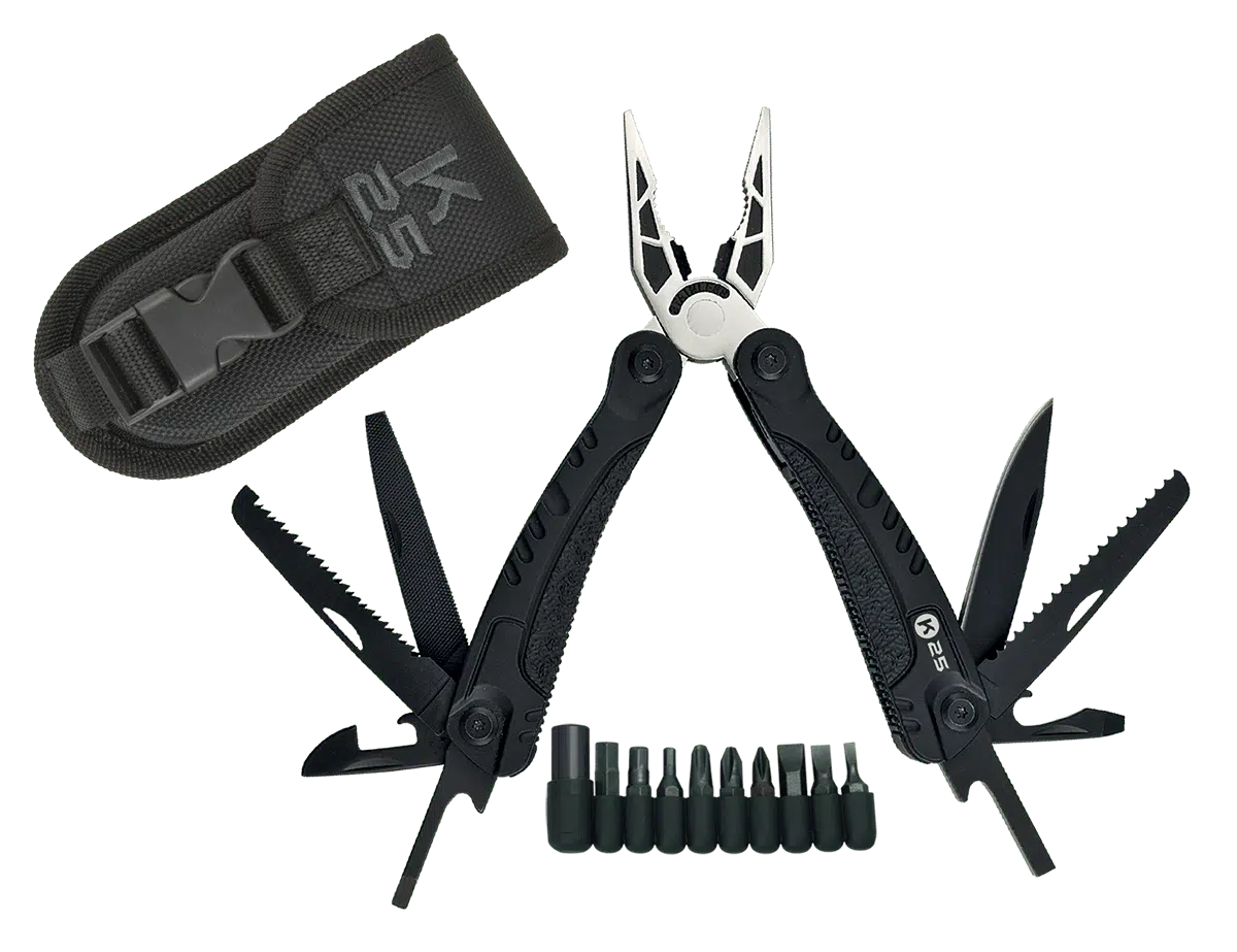 POLYERGALEIO-K25-20toolsBlack-33759 Πολυεργαλείο Πένσα 33759 με 20 Λειτουργίες, Ανοξείδωτο Ατσάλι 7Cr17MoV, Λαβή με Αντιολισθητική Επένδυση, Σετ 10 Μυτών Κατσαβιδιού και Θήκη Μεταφοράς Nylon, Μαύρο – K25. - Image 1