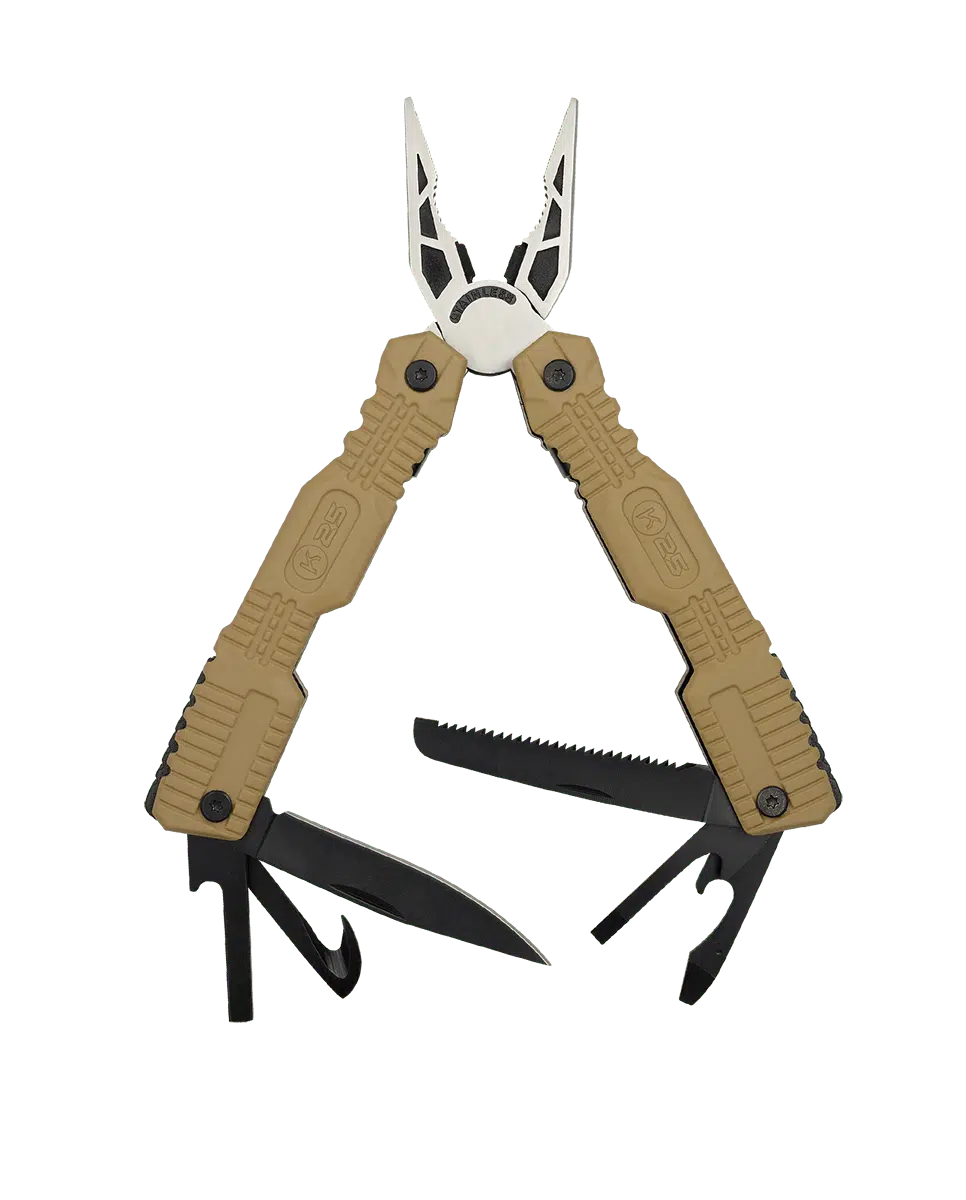 POLYERGALEIO-K25-TAN-33797 Πολυεργαλείο Πένσα 33797 με 19 Λειτουργίες, Ανοξείδωτο Ατσάλι, Σετ 8 Μυτών Κατσαβιδιού, Θραύστη Κρυστάλλων και Θήκη Nylon, Χρώμα Coyote – K25. - Image 1